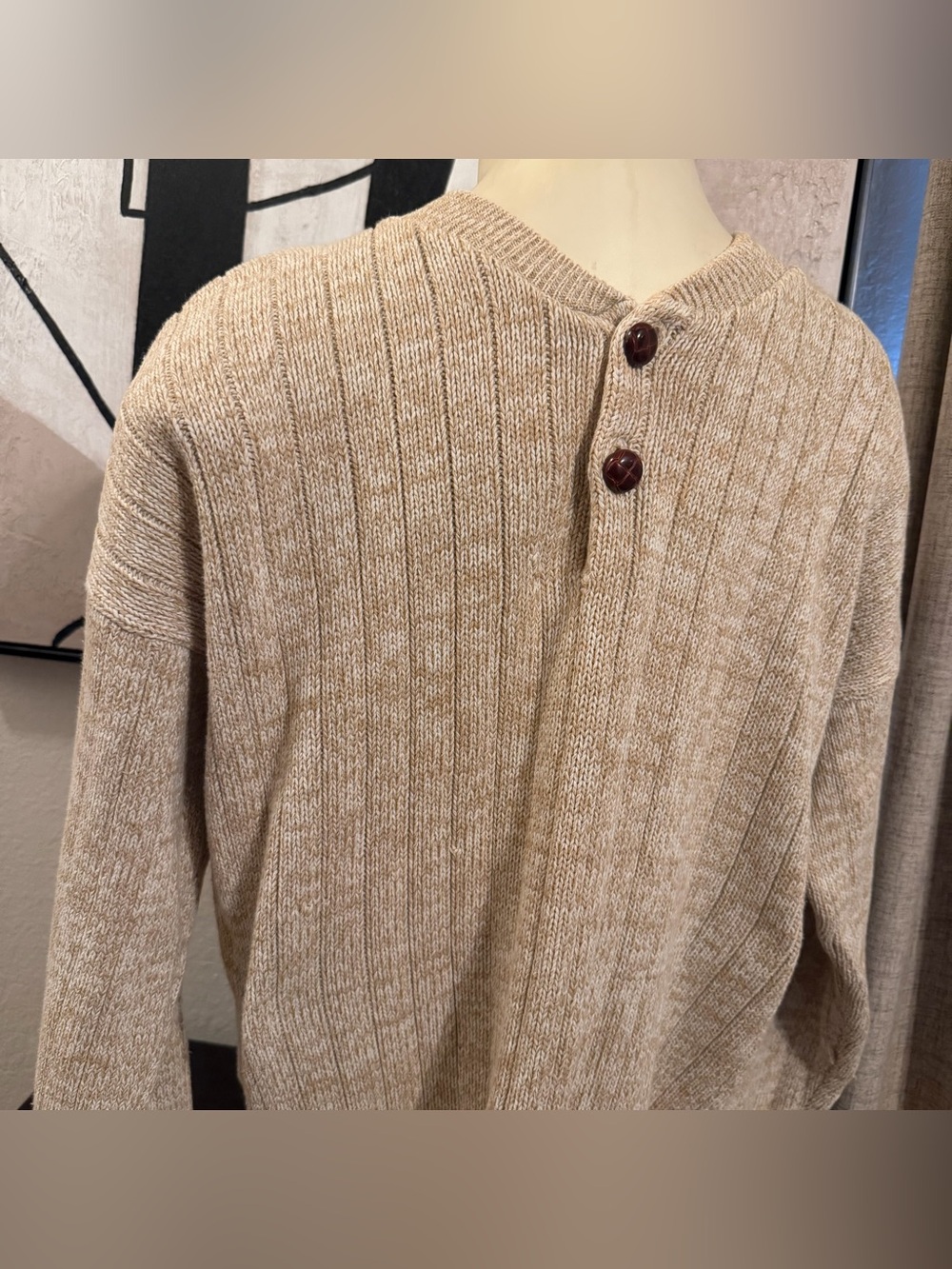 100% Cotton Crewneck Sweater with Button Placket in Light Beige